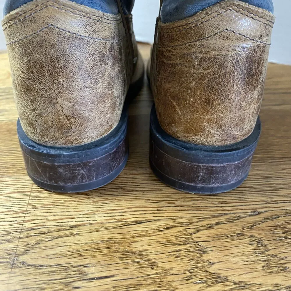 Old West Boys Square Toe Leather Cowboy Boots Sz 1.0 D Brown/Blue Pull On